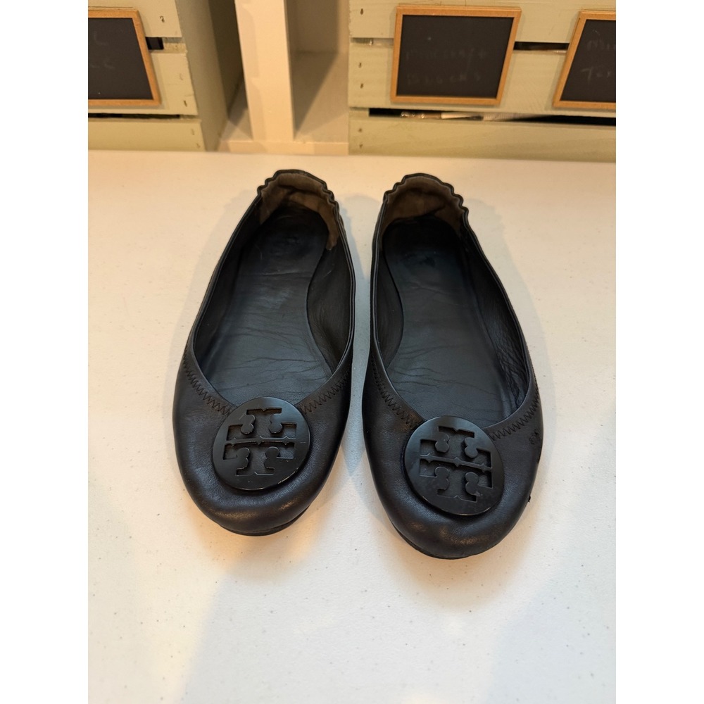 Tory Burch Reva Black Leather Ballet Flats Logo Medallion Scrunch Back Sz 10